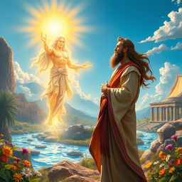 A majestic and mystical scene depicting Zoroaster, the ancient prophet of Zoroastrianism, engaging in a serene dialogue with Ahura Mazda, the supreme god of wisdom and light
