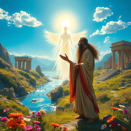 A majestic and mystical scene depicting Zoroaster, the ancient prophet of Zoroastrianism, engaging in a serene dialogue with Ahura Mazda, the supreme god of wisdom and light