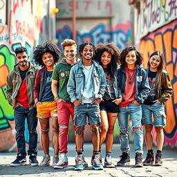 A vibrant and dynamic design featuring nine young individuals standing together, showcasing a diverse group of individuals in terms of ethnicity, fashion, and personalities