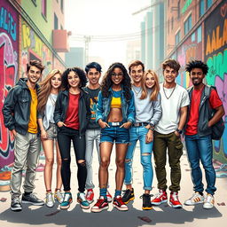 A vibrant and dynamic design featuring nine young individuals standing together, showcasing a diverse group of individuals in terms of ethnicity, fashion, and personalities