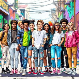 A vibrant and dynamic design featuring nine young individuals standing together, showcasing a diverse group of individuals in terms of ethnicity, fashion, and personalities