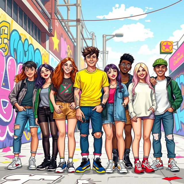 A vibrant and dynamic design featuring nine young individuals standing together, showcasing a diverse group of individuals in terms of ethnicity, fashion, and personalities