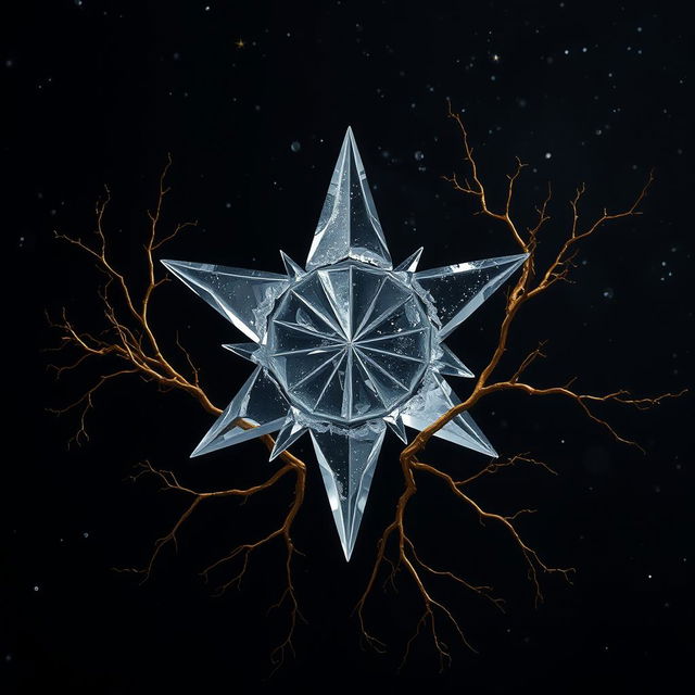 Amidst a dark, starry background, a crystal star takes center stage, appearing fractured with sharp, jagged edges