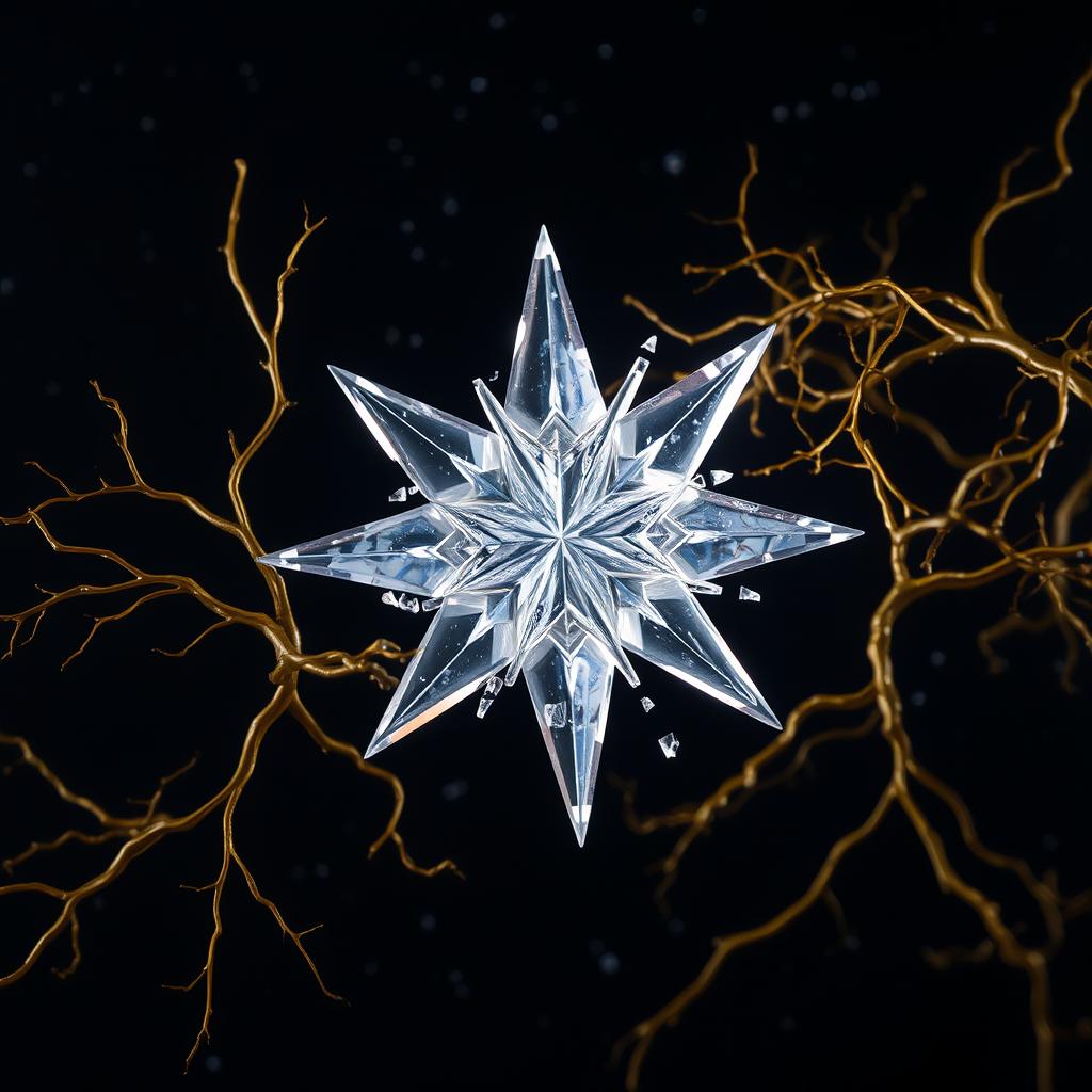 Amidst a dark, starry background, a crystal star takes center stage, appearing fractured with sharp, jagged edges