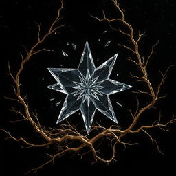 Amidst a dark, starry background, a crystal star takes center stage, appearing fractured with sharp, jagged edges