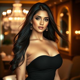 A stunning portrait of a glamorous Indian actress inspired by Kajal Agarwal, featuring her with long flowing dark hair and captivating brown eyes