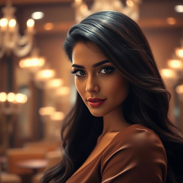 A stunning portrait of a glamorous Indian actress inspired by Kajal Agarwal, featuring her with long flowing dark hair and captivating brown eyes