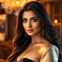 A stunning portrait of a glamorous Indian actress inspired by Kajal Agarwal, featuring her with long flowing dark hair and captivating brown eyes