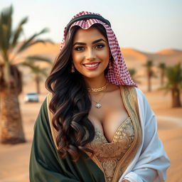 A beautiful Saudi woman with large breasts, dressed in elegant traditional attire, showcasing striking features and a captivating smile