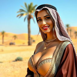 A beautiful Saudi woman with large breasts, dressed in elegant traditional attire, showcasing striking features and a captivating smile