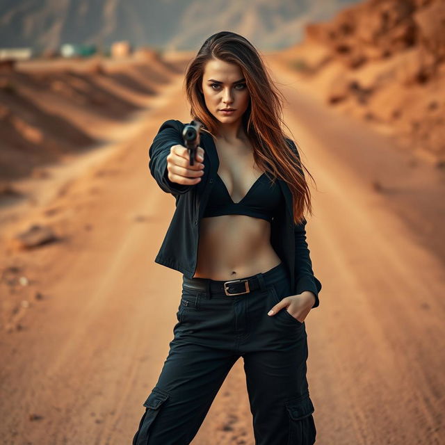 A striking woman with long, flowing brown hair stands confidently on a dusty dirt road