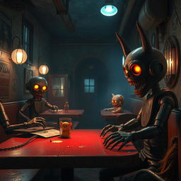 A thrilling and eerie scene inspired by a horror video game, featuring a dimly lit, abandoned pizzeria filled with vintage animatronic characters