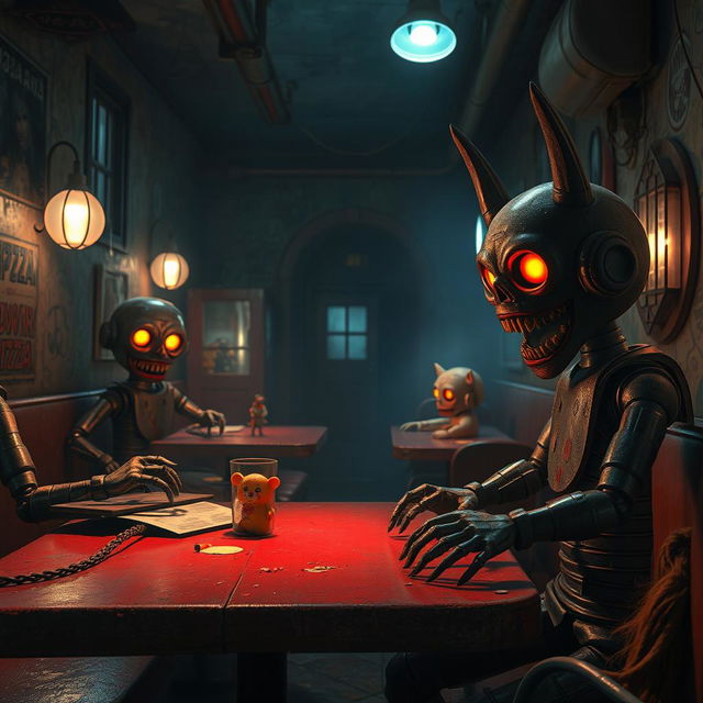 A thrilling and eerie scene inspired by a horror video game, featuring a dimly lit, abandoned pizzeria filled with vintage animatronic characters