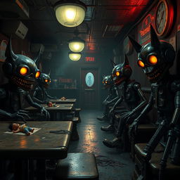 A thrilling and eerie scene inspired by a horror video game, featuring a dimly lit, abandoned pizzeria filled with vintage animatronic characters