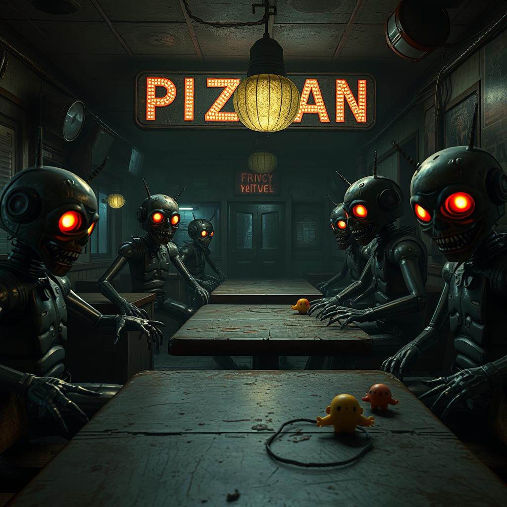 A thrilling and eerie scene inspired by a horror video game, featuring a dimly lit, abandoned pizzeria filled with vintage animatronic characters