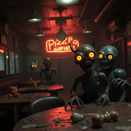 A thrilling and eerie scene inspired by a horror video game, featuring a dimly lit, abandoned pizzeria filled with vintage animatronic characters