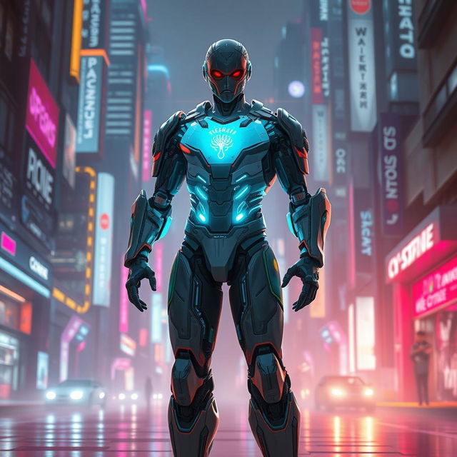 A concept artwork of a futuristic cyborg inspired by themes of technology and humanity, featuring a character named 'George Droyd'