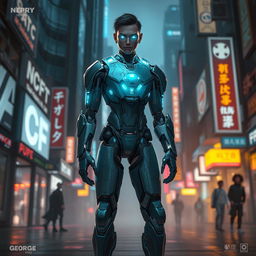 A concept artwork of a futuristic cyborg inspired by themes of technology and humanity, featuring a character named 'George Droyd'