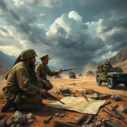 A dramatic and detailed scene depicting a historical depiction of a military conflict in Pakistan, featuring soldiers in traditional military uniforms from the 1947 conflict, with brown and green camouflage patterns