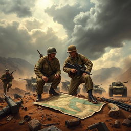 A dramatic and detailed scene depicting a historical depiction of a military conflict in Pakistan, featuring soldiers in traditional military uniforms from the 1947 conflict, with brown and green camouflage patterns