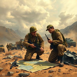 A dramatic and detailed scene depicting a historical depiction of a military conflict in Pakistan, featuring soldiers in traditional military uniforms from the 1947 conflict, with brown and green camouflage patterns