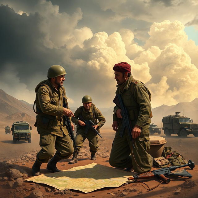 A dramatic and detailed scene depicting a historical depiction of a military conflict in Pakistan, featuring soldiers in traditional military uniforms from the 1947 conflict, with brown and green camouflage patterns