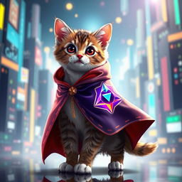 A playful cat wearing an elegant, flowing cloak adorned with the symbol of the layer 2 Mantle Blockchain, with striking colors that represent technology and innovation