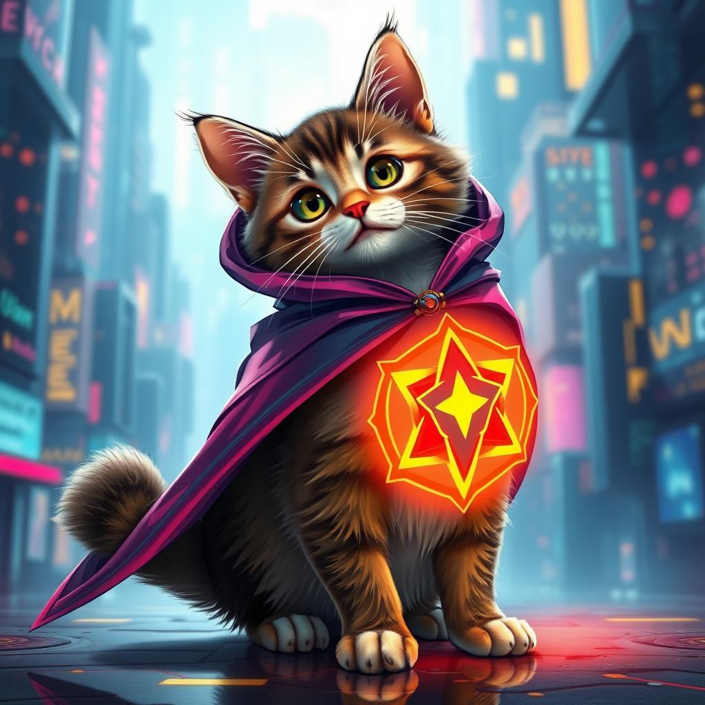A playful cat wearing an elegant, flowing cloak adorned with the symbol of the layer 2 Mantle Blockchain, with striking colors that represent technology and innovation