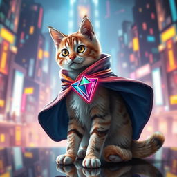 A playful cat wearing an elegant, flowing cloak adorned with the symbol of the layer 2 Mantle Blockchain, with striking colors that represent technology and innovation