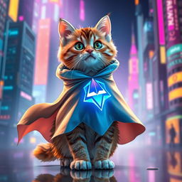 A playful cat wearing an elegant, flowing cloak adorned with the symbol of the layer 2 Mantle Blockchain, with striking colors that represent technology and innovation