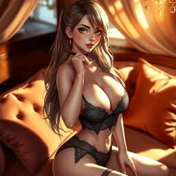 A sultry and alluring female character, posing in a luxurious and intimate setting