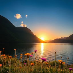 A serene landscape depicting a tranquil lake surrounded by lush green mountains under a clear blue sky