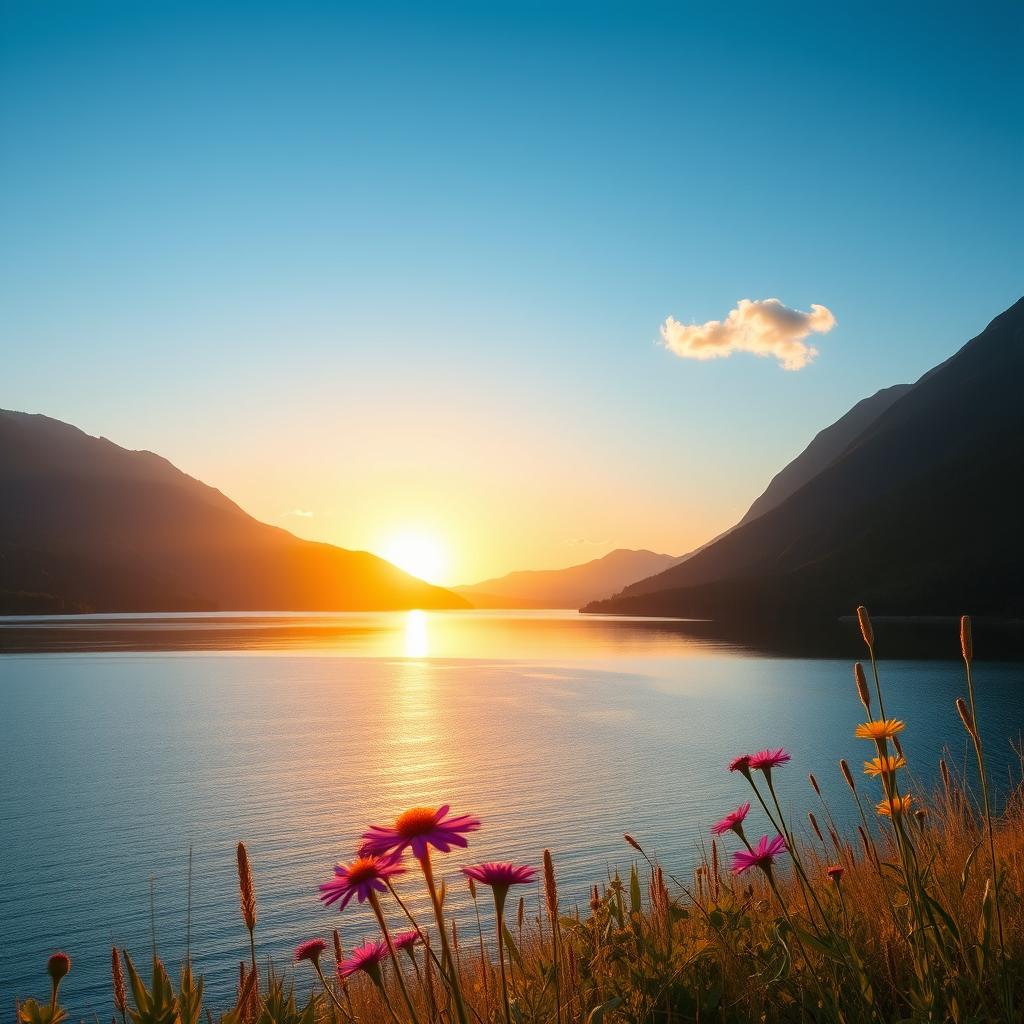 A serene landscape depicting a tranquil lake surrounded by lush green mountains under a clear blue sky