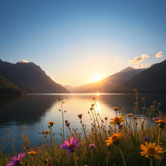 A serene landscape depicting a tranquil lake surrounded by lush green mountains under a clear blue sky