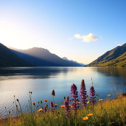 A serene landscape depicting a tranquil lake surrounded by lush green mountains under a clear blue sky