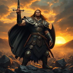A fierce warrior standing proudly on a rocky battlefield, dressed in intricate armor adorned with symbols of bravery and strength
