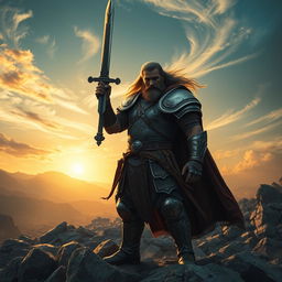 A fierce warrior standing proudly on a rocky battlefield, dressed in intricate armor adorned with symbols of bravery and strength