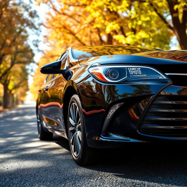 A sleek, shiny 2017 Toyota Camry in glossy black, parked on a picturesque street lined with trees