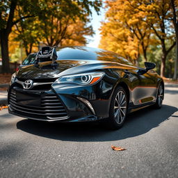 A sleek, shiny 2017 Toyota Camry in glossy black, parked on a picturesque street lined with trees