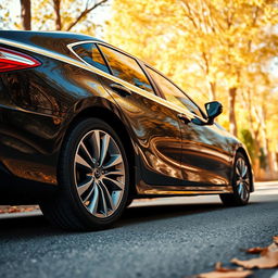 A sleek, shiny 2017 Toyota Camry in glossy black, parked on a picturesque street lined with trees