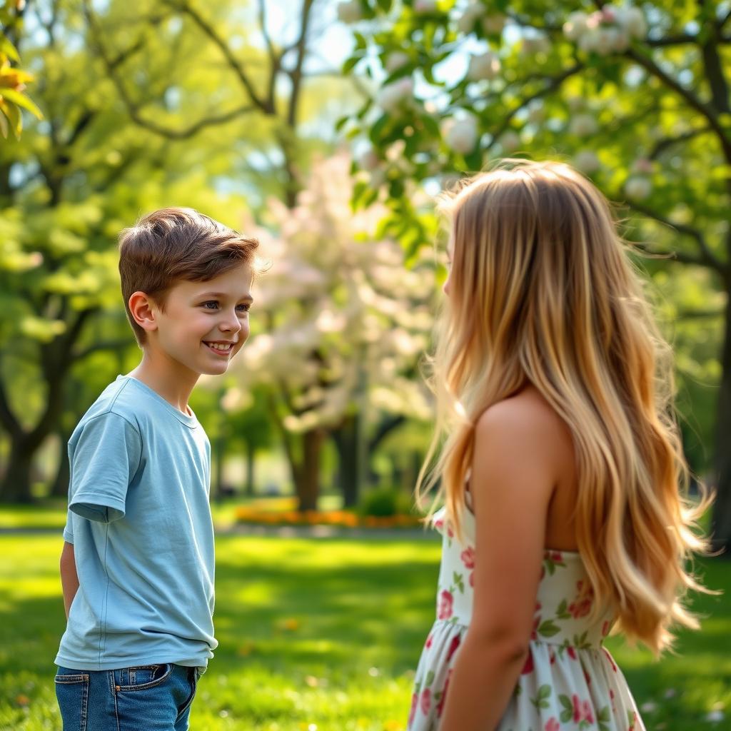 A picturesque park setting with a vibrant backdrop of green trees and blooming flowers