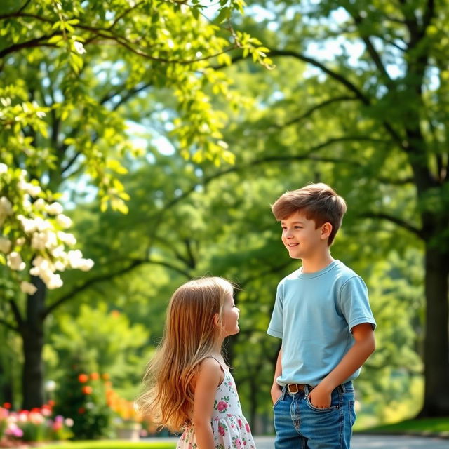 A picturesque park setting with a vibrant backdrop of green trees and blooming flowers