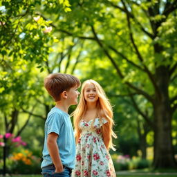 A picturesque park setting with a vibrant backdrop of green trees and blooming flowers