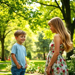 A picturesque park setting with a vibrant backdrop of green trees and blooming flowers