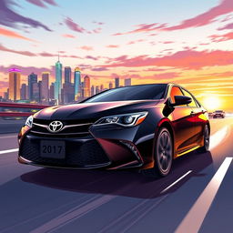 An anime-style illustration of a 2017 Toyota Camry in sleek black color