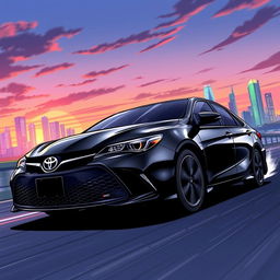 An anime-style illustration of a 2017 Toyota Camry in sleek black color