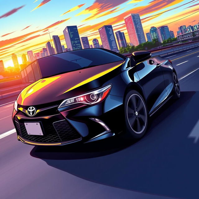 An anime-style illustration of a 2017 Toyota Camry in sleek black color