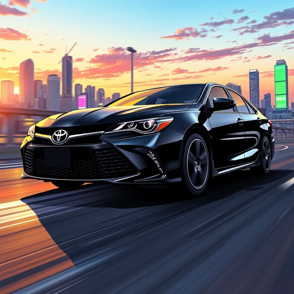 An anime-style illustration of a 2017 Toyota Camry in sleek black color