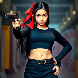 A striking girl with long black hair adorned with a vibrant red bow at the back stands confidently, showcasing her big chest