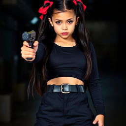 A striking girl with long black hair adorned with a vibrant red bow at the back stands confidently, showcasing her big chest